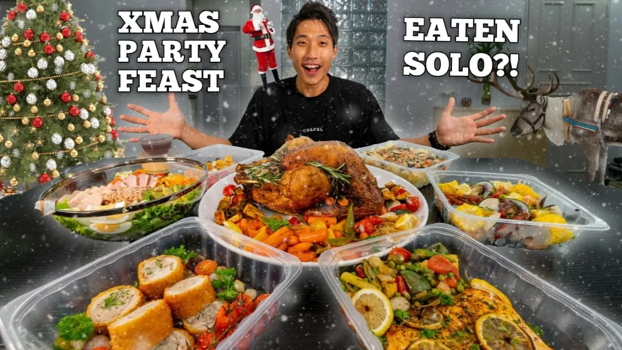 MASSIVE CHRISTMAS PARTY FEAST SOLO!   HUGE Roasted Turkey Feast Mukbang!   Xmas Buffet Plate!