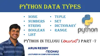 PYTHON IN TELUGU PART - 7 PYTHON DATA TYPES NONE NUMBER STRING LIST TUPLE SET DICTIONARY
