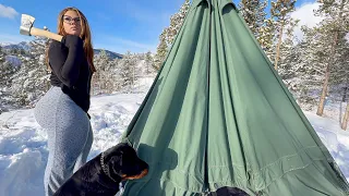 Solo Winter Camping In a Hot Tent Snowstorm Survival