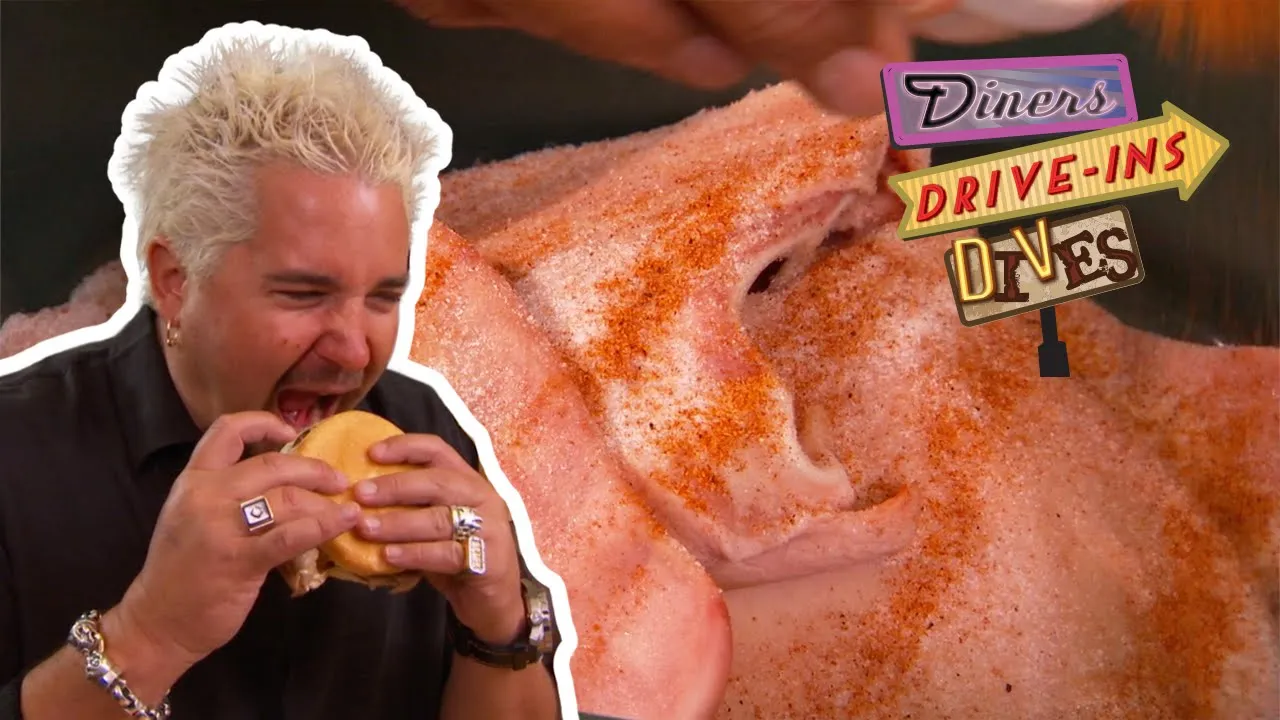 Guy Fieri Needs a Push to Eat a PIG EAR Sandwich   Diners, Drive-Ins and Dives   Food Network