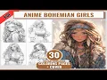 Anime Bohemian Girls Adult Coloring Book 30 Bohemian Coloring Pages Printable PDF JPG Grayscale