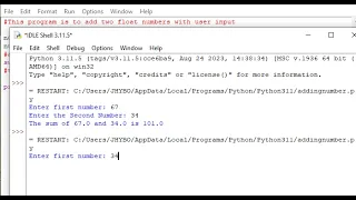 python program to add two float number through user input python programming for beginners