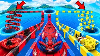 SPIDERMAN vs RED HULK vs SPONGEBOB WATER SLIDE Funny Regdoll Challenge #1