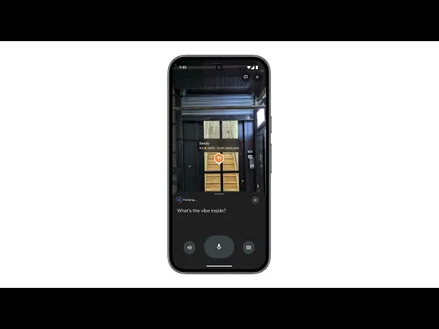 Video showing Lens built with Gemini with voice prompts asking “What is this place and why is it so popular?” and “What’s the vibe inside?”