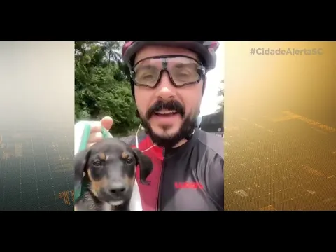 Filhote de cachorro é resgatado por um ciclista em Santo Amaro do Imperatriz.