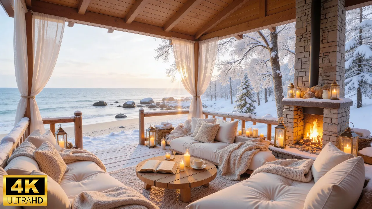 Snowy Winter Beach Ambience ❄ Soft Piano Music, Cozy Fireplace & Ocean Waves Sounds for Calm & Focus