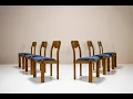 Six Brutalist Dining Chairs in Oak and Blue Upholstery Germany 1960s