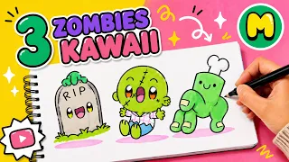 Cómo dibujar 3 zombies kawaii paso a paso