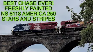 Chasing NS 955 Office Car Special with the freshly painted NS 8118 stars and stripes