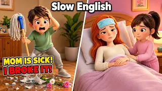 boy helps his sick mom but breaks her favorite vase slow english story a2