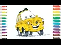 Cute Cartoon Car Drawing and Coloring for Kids Easy Car Coloring Pages Learn Colors