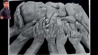 hyper realistic drawing of baby with 10 hands