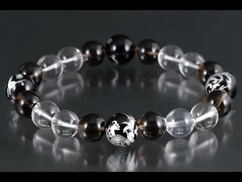 四神彫りオニキス12mm×スモーキークォーツ×水晶 ブレスレット｜ キラリ石