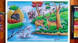 Forest Scenery Drawing Step By Step Wildlife Drawing Easy Forest Drawing With Animals