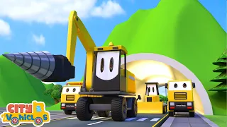 Construction Vehicles excavator bulldozer dump truck drill paver build tunnel after rockfall