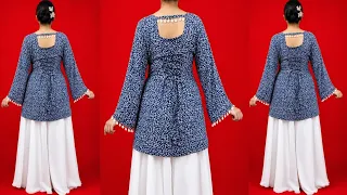 Stylish Summer Short Kurti Design Cutting & Stitching Step By Step/Insta Viral Back Corset Kurti DIY