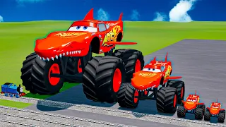 Big & Small Shark Lightning McQueen & Crazy Friends vs Speeding Trains & Obstacles | BeamNG.drive