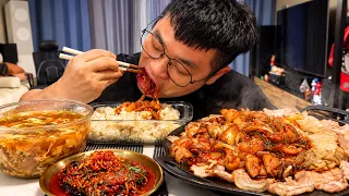 고소기름진 삼겹살에 매콤한 돼지곱창볶음까지 정말 대박 레전드 먹방 Stir fried Pork Small Intestine realsound koreanfood Mukbang as