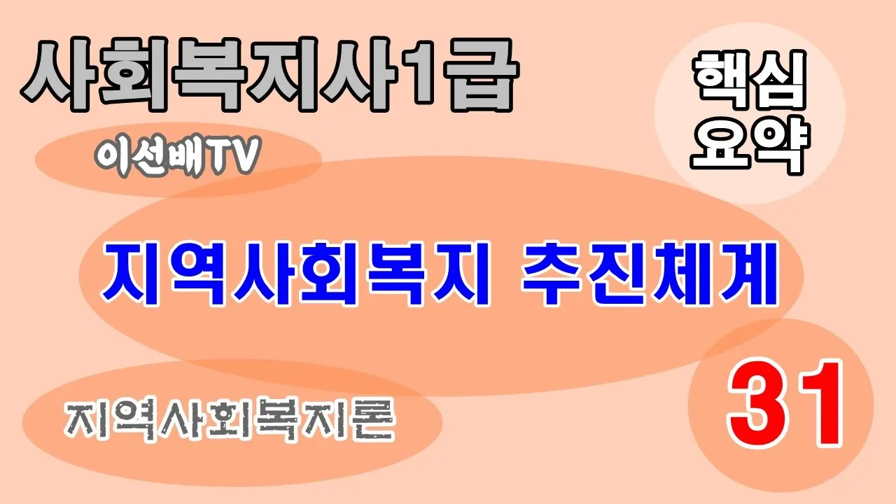 [이선배TV] 사회복지사1급 무료강의 핵심요약정리 31회 지역사회복지론 (7) 지역사회복지의 추진체계(사회복지협의회, 사회복지전담공무원, 사회복지공동모금회, 지역자활센터 등)