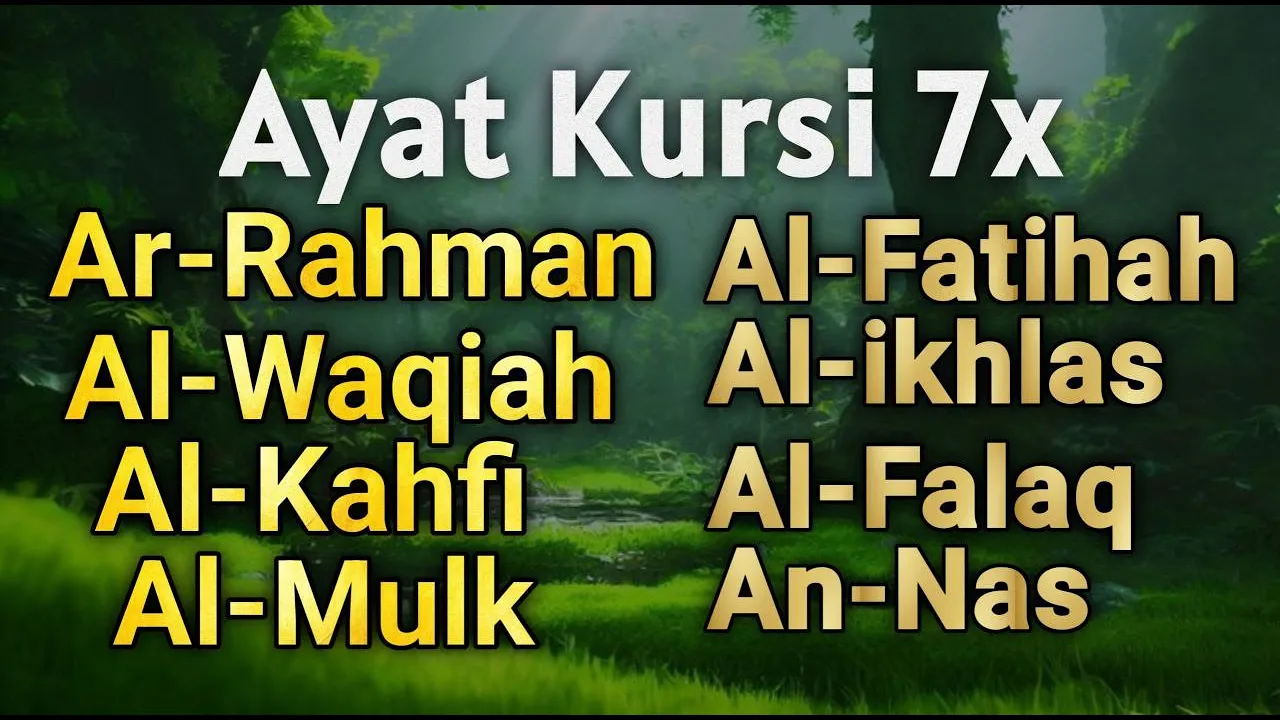 Ayat Kursi 7x,Yasin,Ar Rahman,Al Waqiah,Al Mulk,Al Kahfi,Al Fatihah, Ikhlas,Falaq,An Nas Ayat Kursi 7x,Yasin,Ar Rahman,Al Waqiah,Al Mulk,Al Kahfi,Al Fatihah, Ikhlas,Falaq,An Nas