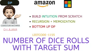 Number of Dice Rolls With Target Sum Recursion Memo Bottom Up Leetcode 1155