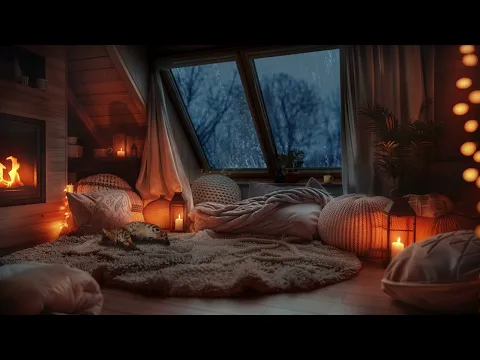 Download MP3 Rainy Attic Retreat - Cozy Space with Sleeping Cat and Fireplace
