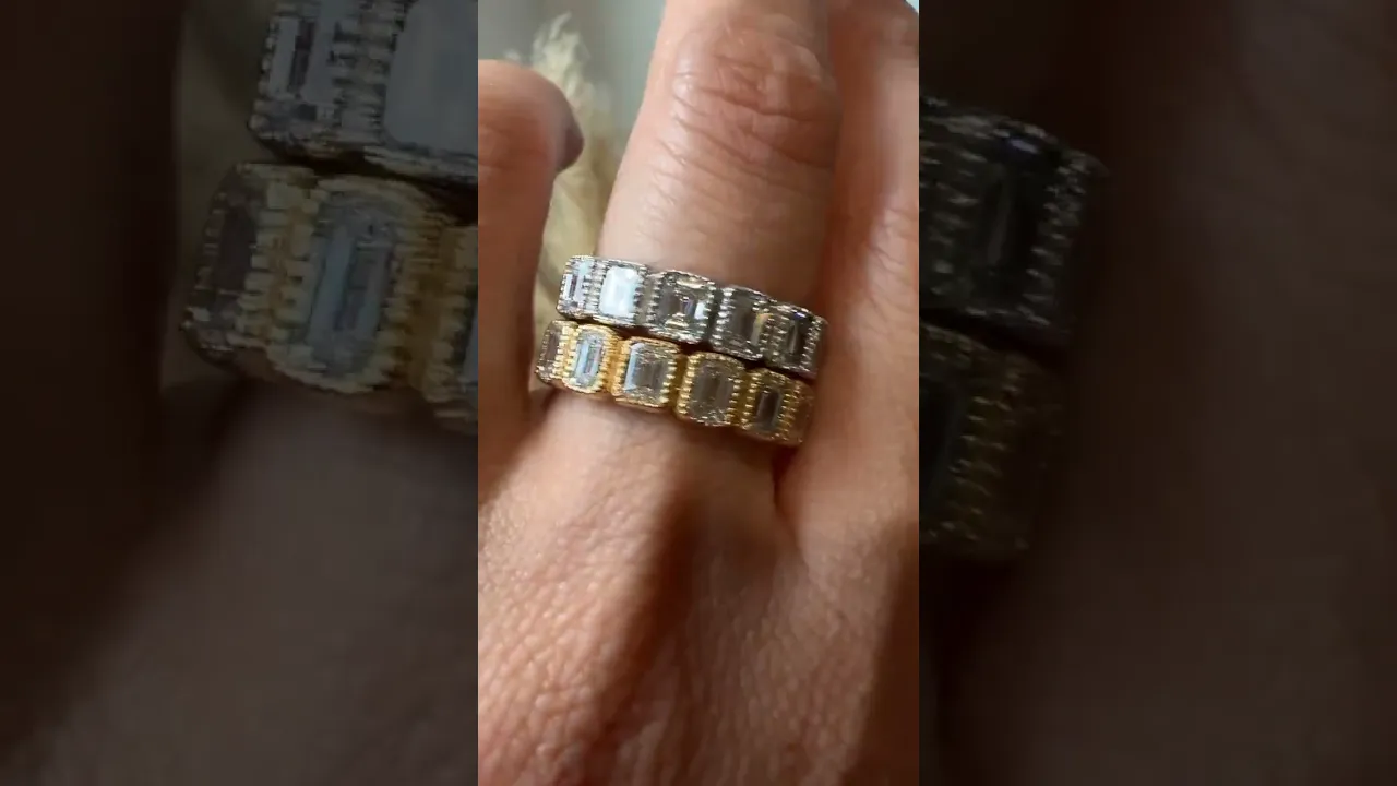 14K Gold Emerald Cut Halfway Vertical Eternity Milgrain Bezel Set Lab Grown Diamond Wedding Band Ring