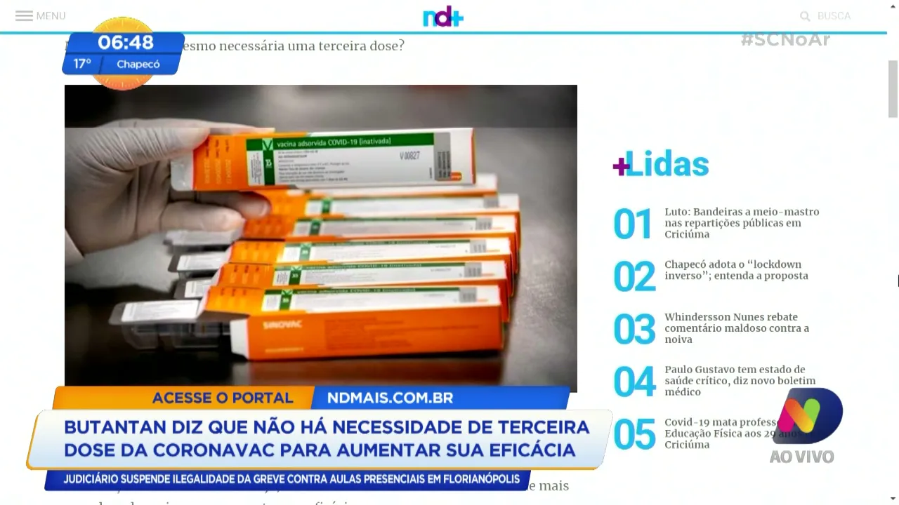 Butantan diz que não há necessidade de terceira dose da Coronavac para aumentar sua eficácia