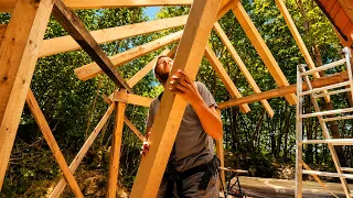 Log Cabin Expansion Roof Frame, Workshop Ready for Doors / Off Grid Log Cabin in The Forest