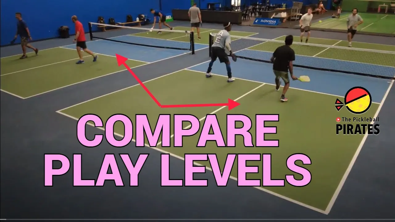 Compare level on two pickleball courts. Which court has higher level play? Pickleball men's doubles