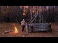 Solo Log Cabin Build in the Forest | Branch-and-Log Roof, No Talking
