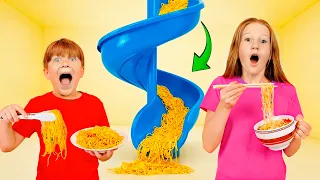 Nastya e suas amigas demonstram truques para uma alimentação saudável.