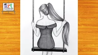 رسم سهل تعليم رسم بنت كيوت مع شعر طويل تتمرجح بالرصاص خطوه بخطوه للمبتدئين رسم بنات 