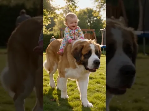 Baby Rides a Giant Saint Bernard! 🐶👶😂 #Shorts #saintbernard #cute