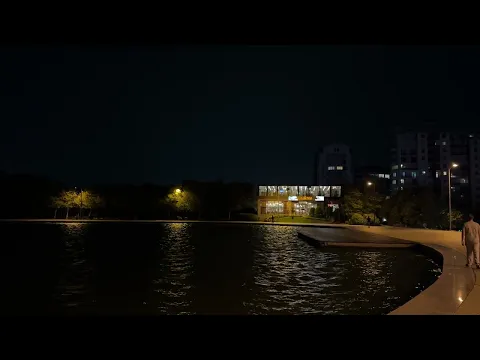 Night city, river and lightning