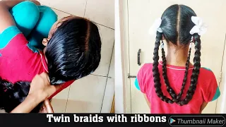 twin braids with ribbons for school girls