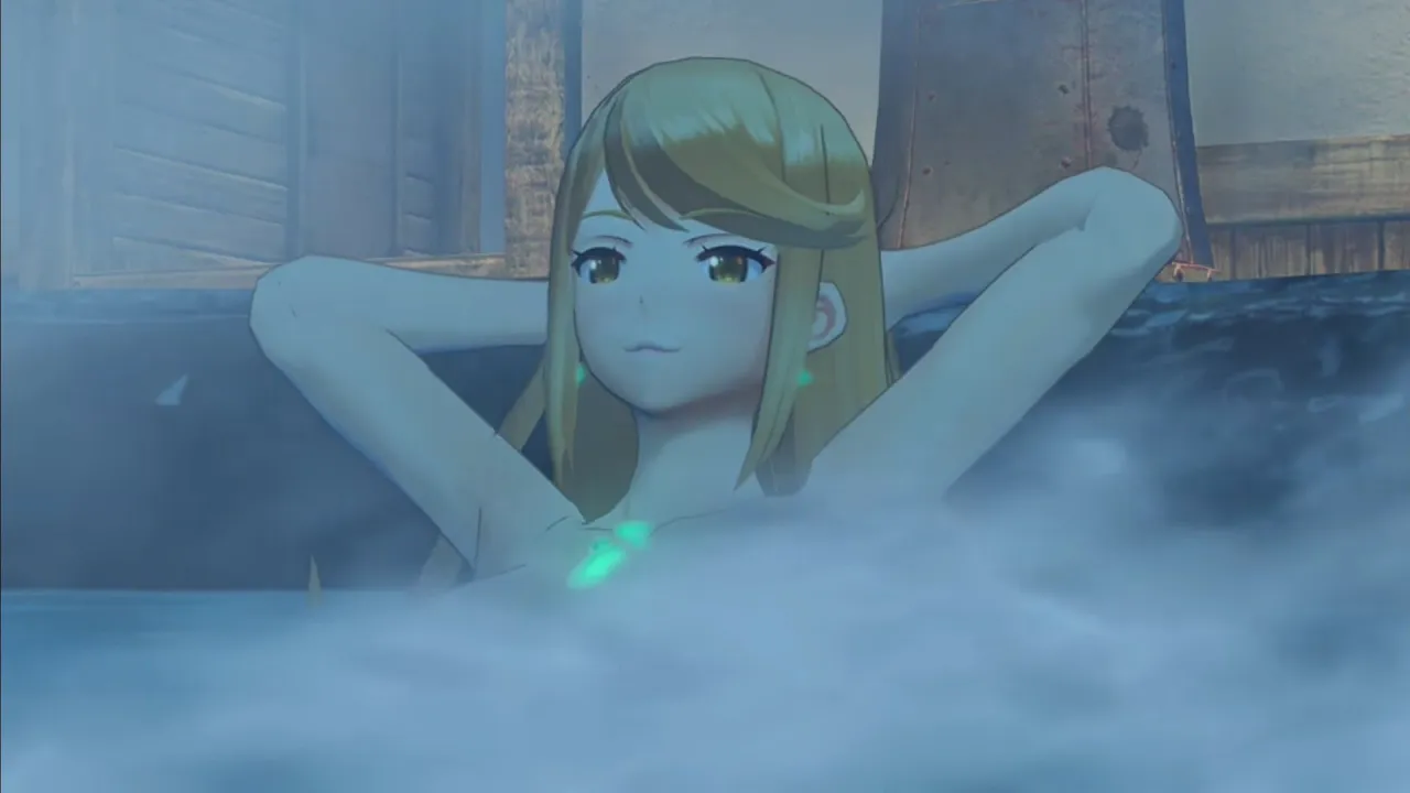 Hot Springs Scene . Xenoblade Chronicles 2 . Mythra/Nia/Pyra/Poppi