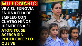 MILLONARIO VE A SU EXNOVIA EN UNA FILA DE EMPLEO CON 4 NIÑOS IDÉNTICOS A ÉL. ¡NO LO PUEDE CREER!