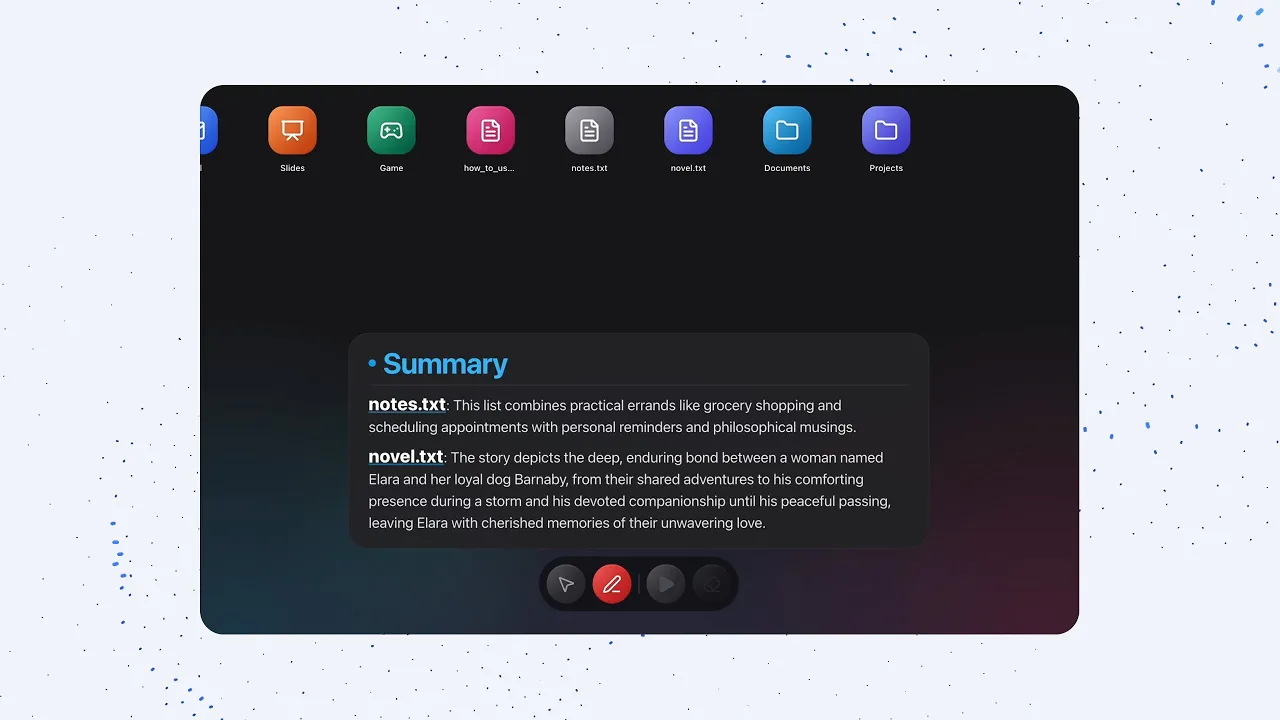 Video demo hiển thị một màn hình nơi người dùng vẽ các nét gạch lên các tệp và kích hoạt AI để xóa các tệp đó.