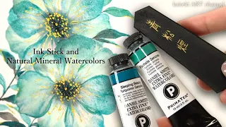 最近買った画材紹介🎨墨と鉱物水彩絵の具で簡単なお花を描いてみた Amazing Sumi Ink & Natural Mineral Watercolors I Bought Recently