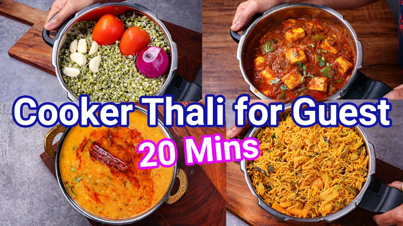 Make Thali using Pressure Cooker in 20 Mins - Paneer Curry, Sprouts Sabji, Dal Tadka & Biryani Pulao