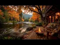 Download Lagu Peaceful Autumn Morning Ambience | River Sound, Nature Birds Singing \u0026 Crackling Firepit