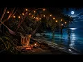 NO MID-ROLL ADS Cozy Moonlit Beach LIVE Ocean Waves Campfire Sounds for Deep Sleep