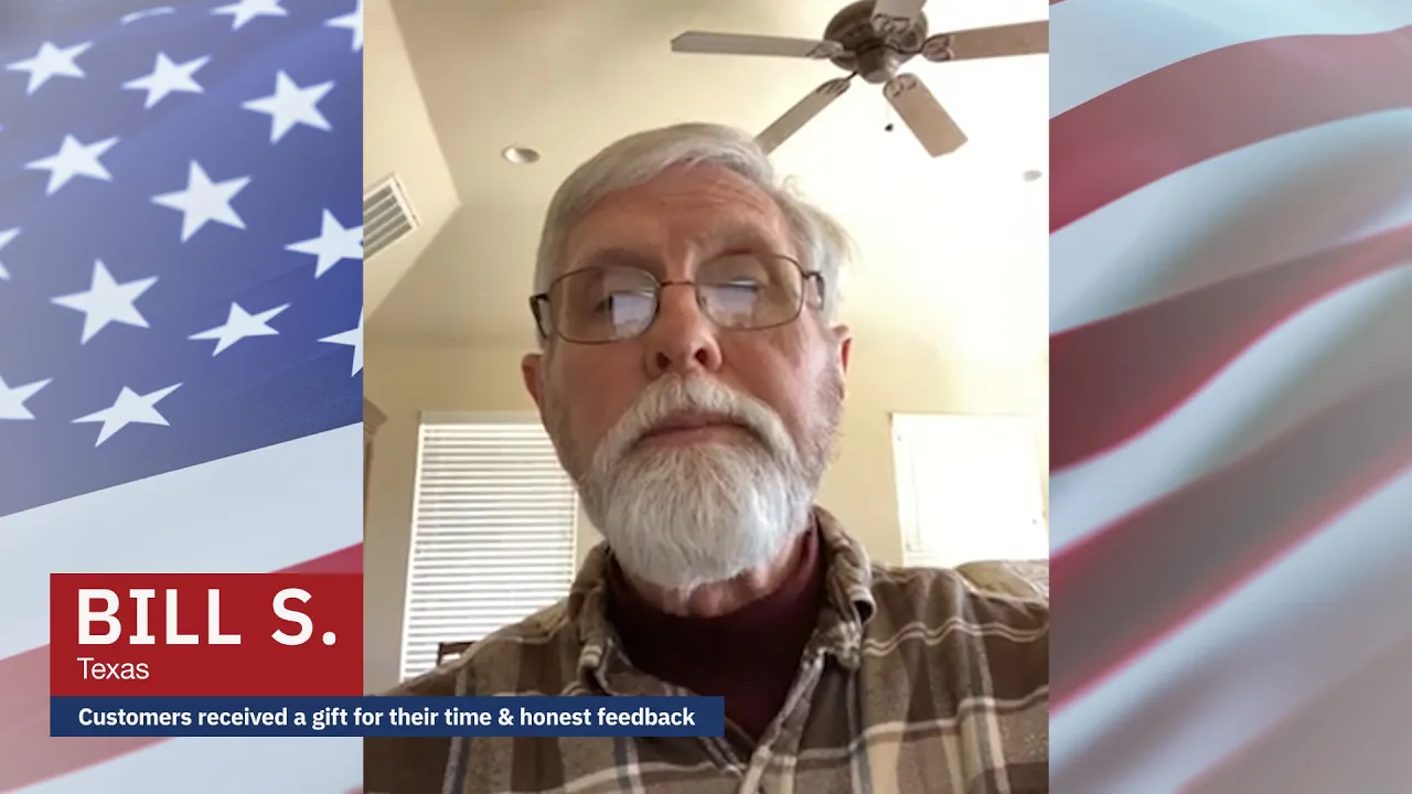 Bill S. from Texas shares his experience with 4Patriots 100W Solar Panels for solar generators in a video testimonial, framed with patriotic imagery.