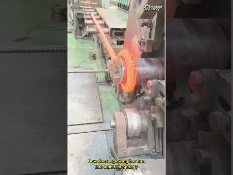 Red hot steel bar coiled into a spring on a coiling machine #Shorts #manufacturing