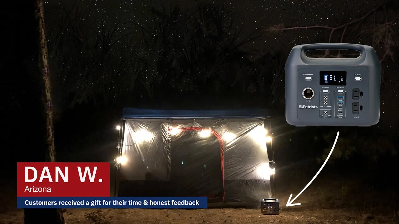Dan W. from Arizona appears in a testimonial thumbnail showing a tent lit up at night using a 4Patriots mini power bank. A play button overlays the scene, and an inset image of the Patriot Power Sidekick Solar Generator highlights its design and ports. Text reads, “Watch Dan Put This Mini Power Bank to the Test.”