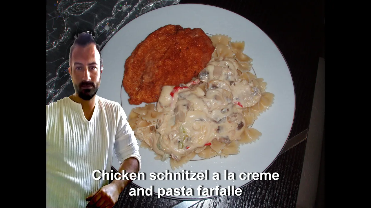 Chicken schnitzel a la creme with pasta farfalle