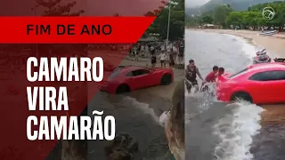 Camaro ou camarão? Carro esportivo atola em praia de São Paulo e viraliza nas redes