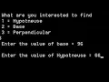 Pythagoras theorem C program for hypotenuse base and perpendicular using if else