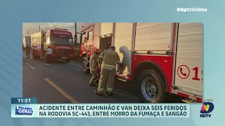 Colisão frontal entre van e caminhão deixa seis feridos na SC-443 em Morro da Fumaça